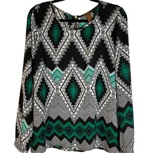 Copper Key Blouse Size L Black and Green Geometric Long Sleeves